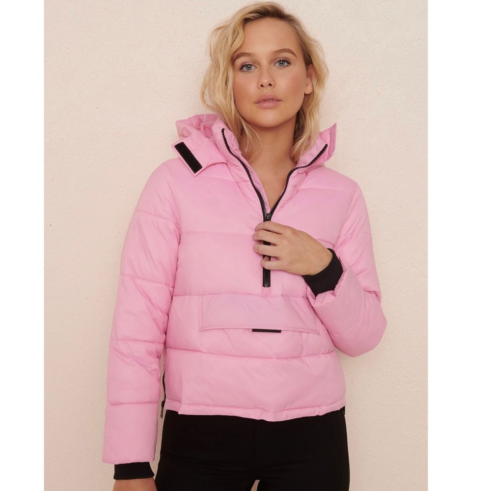 Pink Black Garage Cropped Puffer Hooded Jacket XS